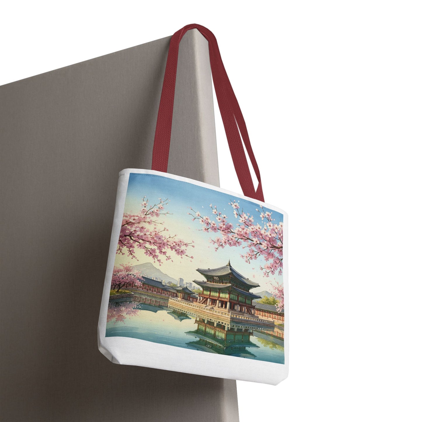 Seoul Spring Day Tote Bag | Cherry Blossom Palace Aesthetic | K-Drama Inspired Daily Shopper 2-Way Design (Color & Sketch