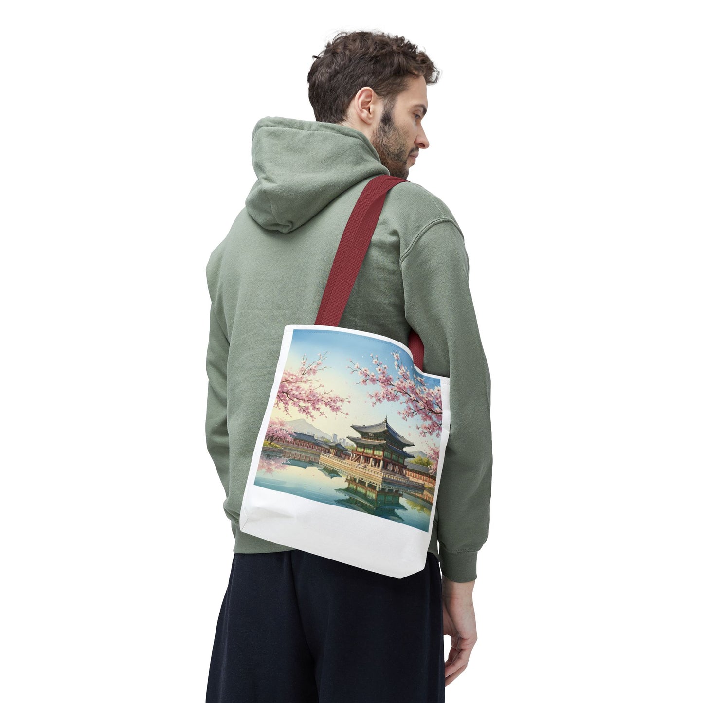 Seoul Spring Day Tote Bag | Cherry Blossom Palace Aesthetic | K-Drama Inspired Daily Shopper 2-Way Design (Color & Sketch