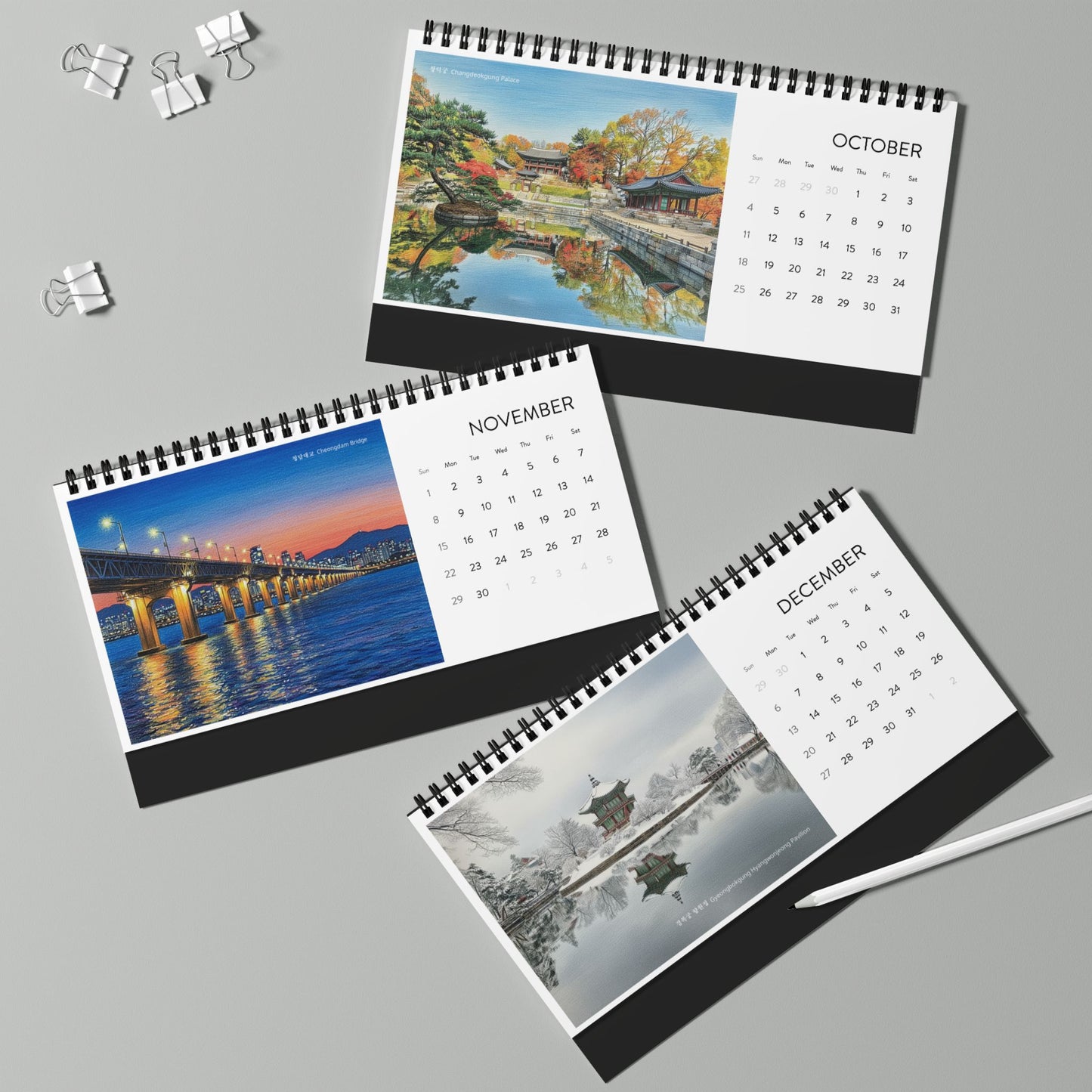 2026 Korean Landmark Desktop Calendar — Grid Layout Monthly Planner |2026 Korean Watercolor Desk Calendar | Seoul Scenery Art | K-Pop Demon Hunters Locations |