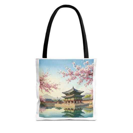 Seoul Spring Day Tote Bag | Cherry Blossom Palace Aesthetic | K-Drama Inspired Daily Shopper 2-Way Design (Color & Sketch