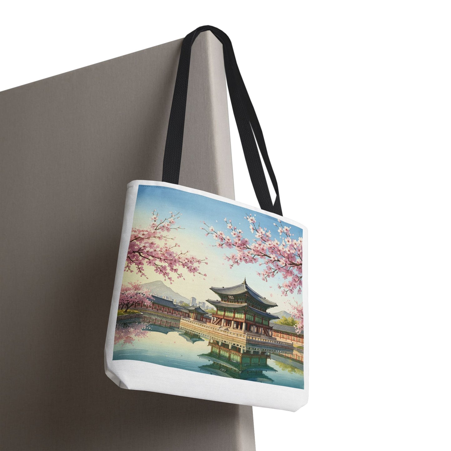 Seoul Spring Day Tote Bag | Cherry Blossom Palace Aesthetic | K-Drama Inspired Daily Shopper 2-Way Design (Color & Sketch