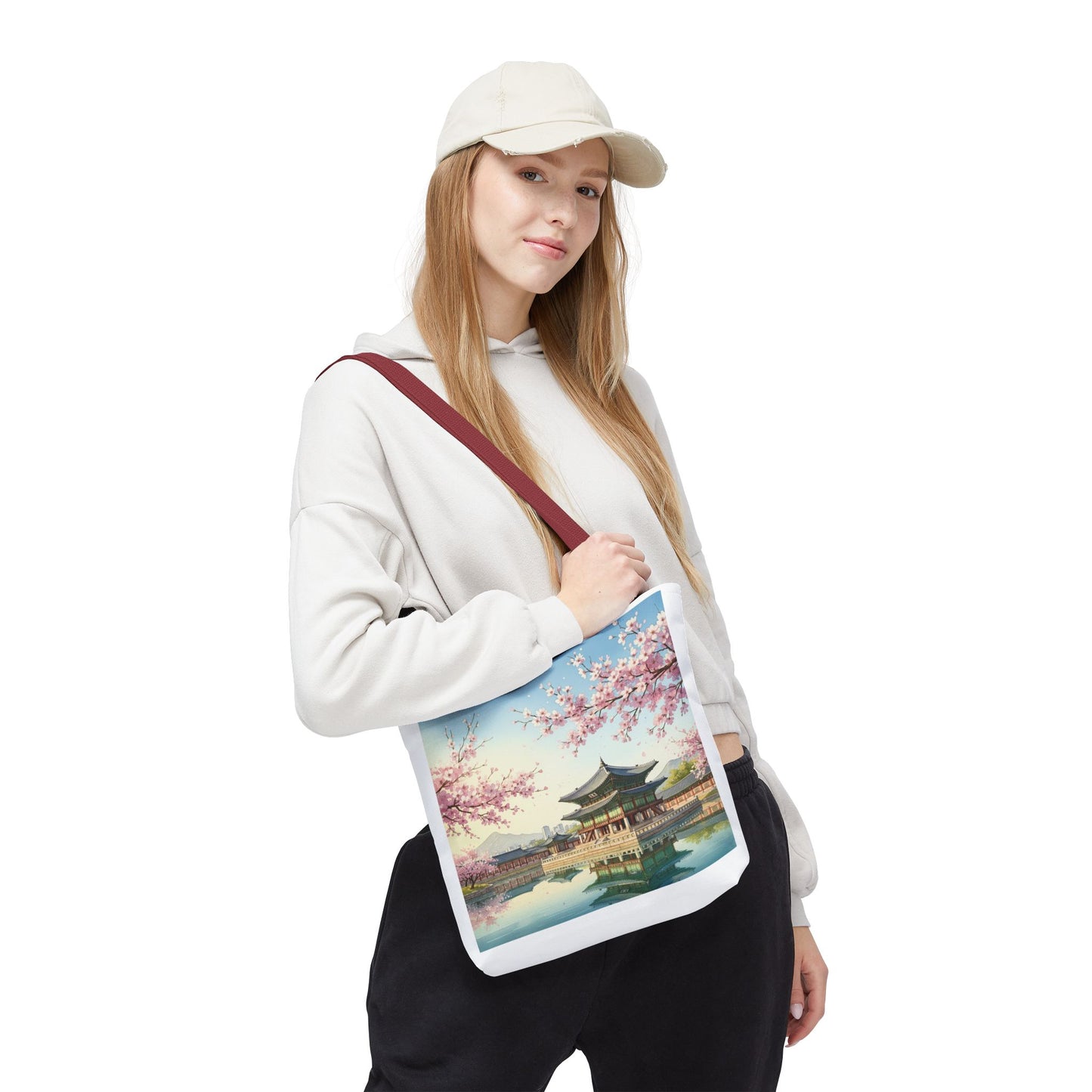 Seoul Spring Day Tote Bag | Cherry Blossom Palace Aesthetic | K-Drama Inspired Daily Shopper 2-Way Design (Color & Sketch