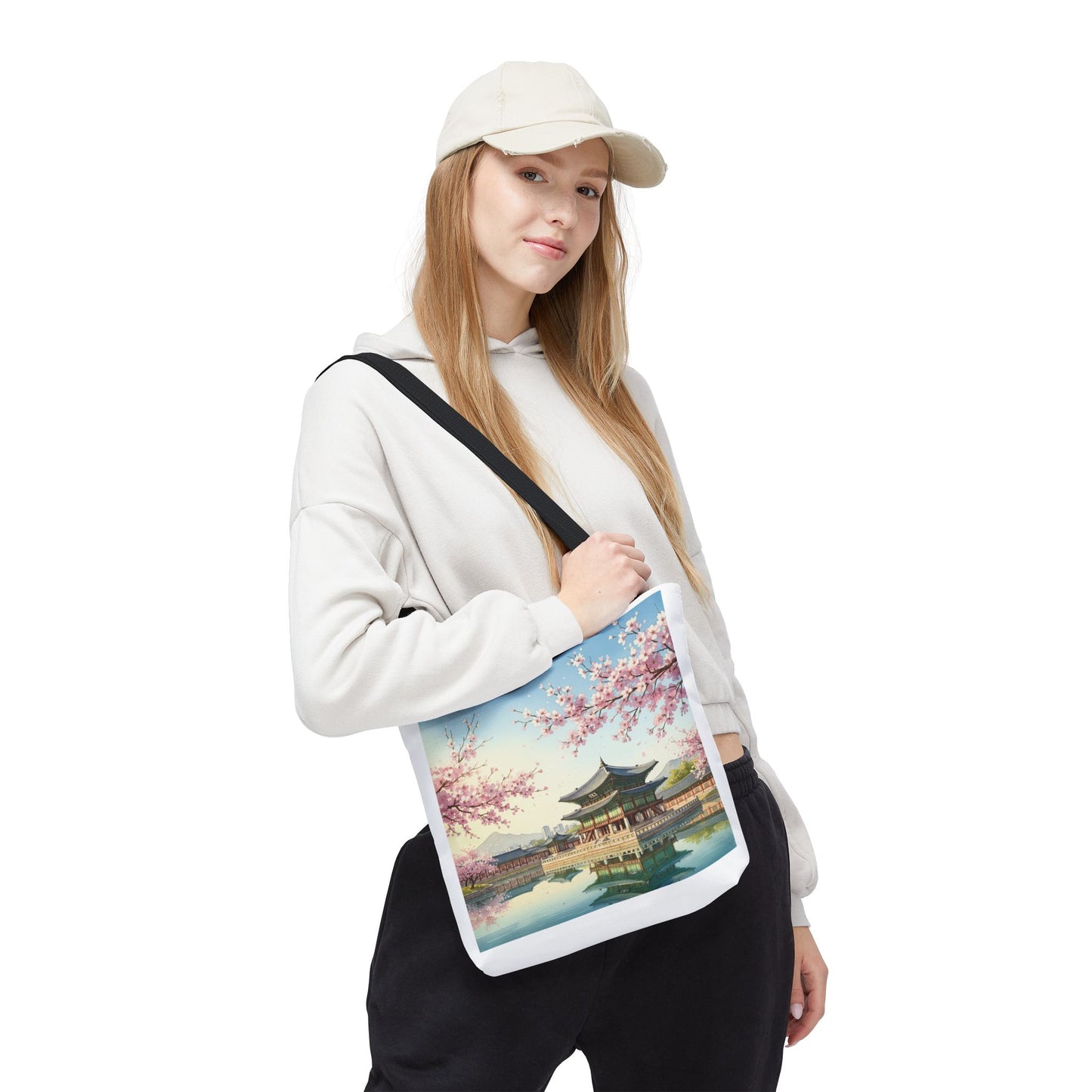 Seoul Spring Day Tote Bag | Cherry Blossom Palace Aesthetic | K-Drama Inspired Daily Shopper 2-Way Design (Color & Sketch