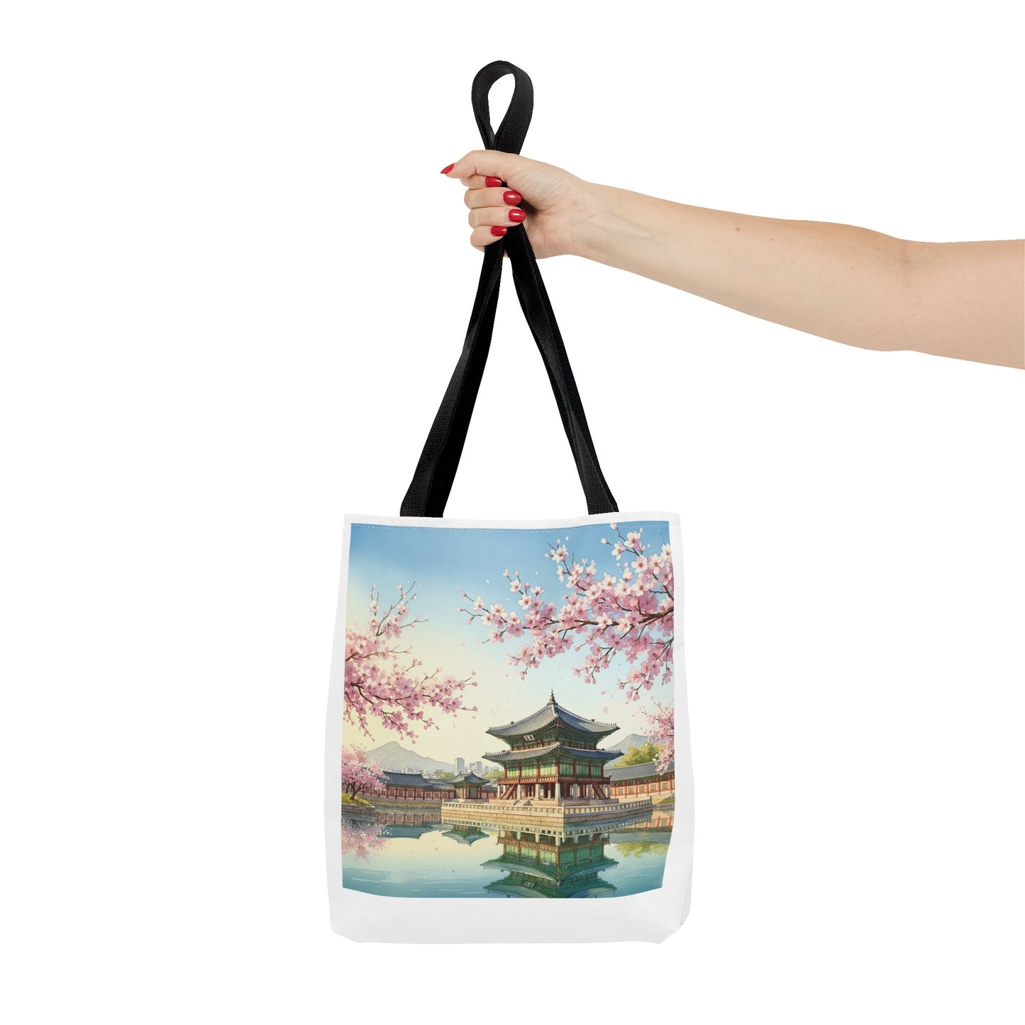 Seoul Spring Day Tote Bag | Cherry Blossom Palace Aesthetic | K-Drama Inspired Daily Shopper 2-Way Design (Color & Sketch