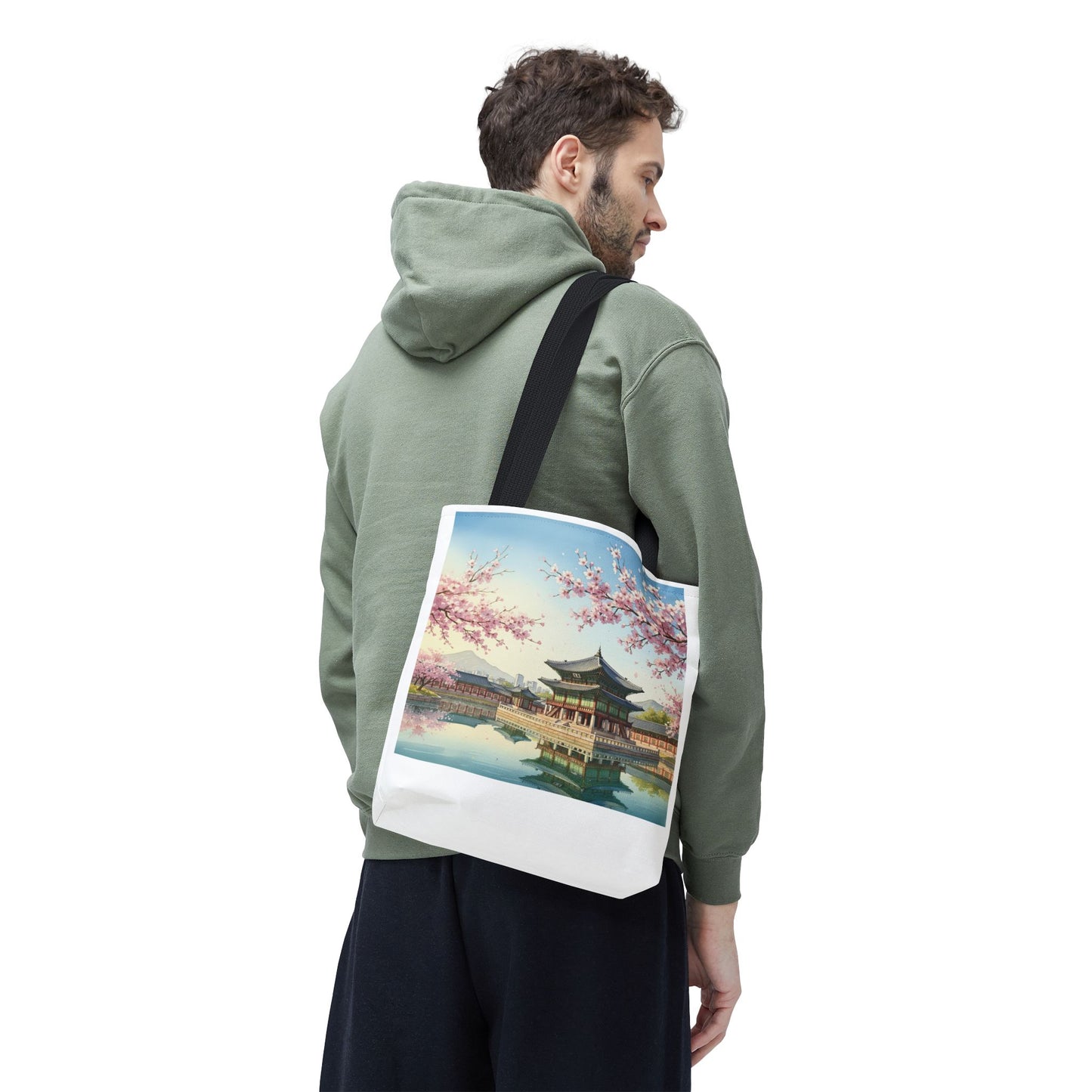 Seoul Spring Day Tote Bag | Cherry Blossom Palace Aesthetic | K-Drama Inspired Daily Shopper 2-Way Design (Color & Sketch