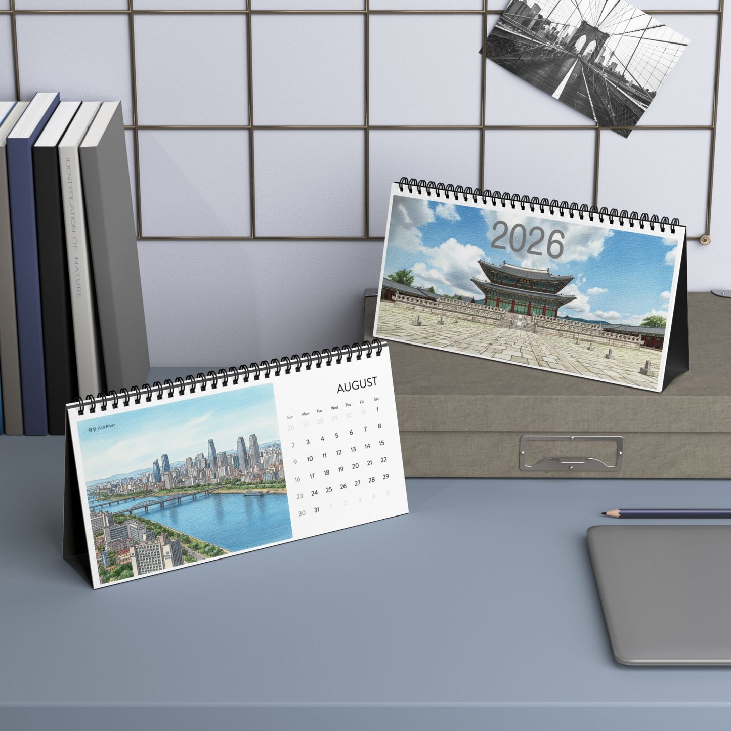 2026 Korean Landmark Desktop Calendar — Grid Layout Monthly Planner |2026 Korean Watercolor Desk Calendar | Seoul Scenery Art | K-Pop Demon Hunters Locations |