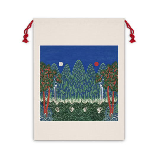 Scenic Waterfall Drawstring Gift Bag — Botanical Mountain Landscape Gift Pouch