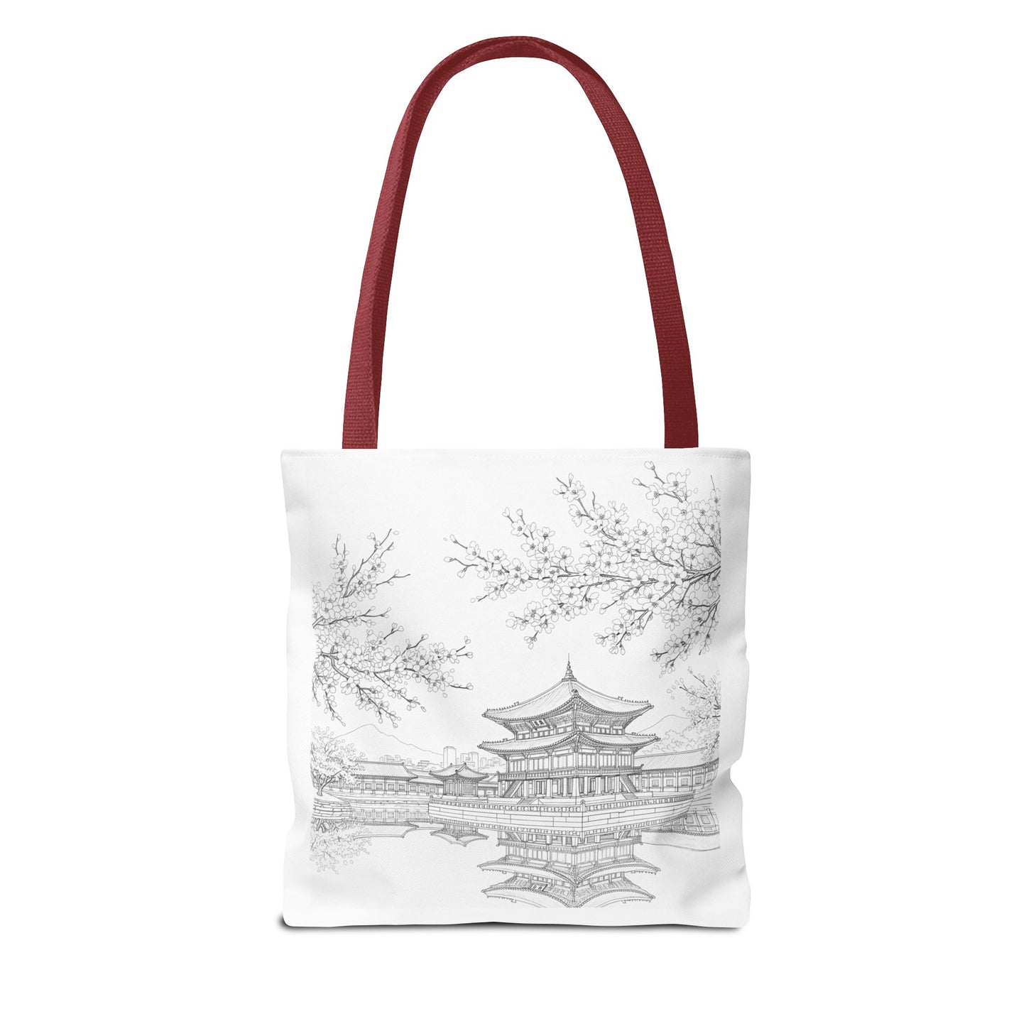 Seoul Spring Day Tote Bag | Cherry Blossom Palace Aesthetic | K-Drama Inspired Daily Shopper 2-Way Design (Color & Sketch