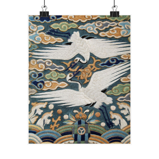 Cranes & Clouds Matte Vertical Poster — Vintage Asian Textile Art Print