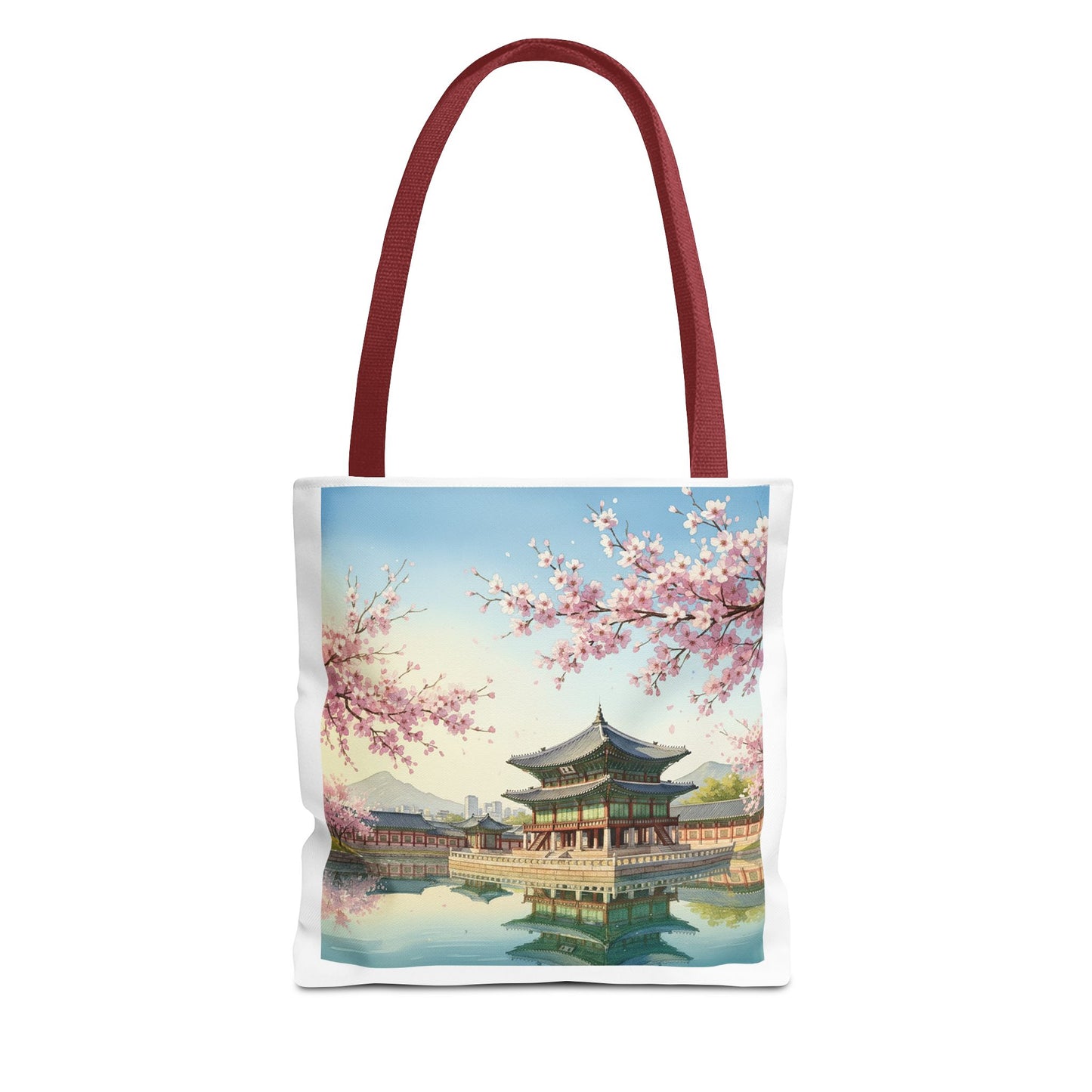 Seoul Spring Day Tote Bag | Cherry Blossom Palace Aesthetic | K-Drama Inspired Daily Shopper 2-Way Design (Color & Sketch