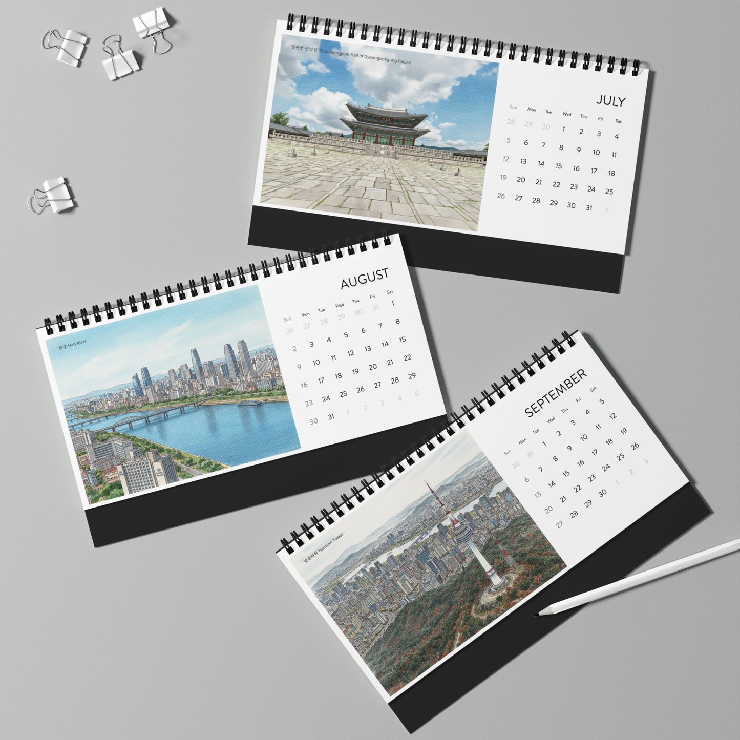 2026 Korean Landmark Desktop Calendar — Grid Layout Monthly Planner |2026 Korean Watercolor Desk Calendar | Seoul Scenery Art | K-Pop Demon Hunters Locations |