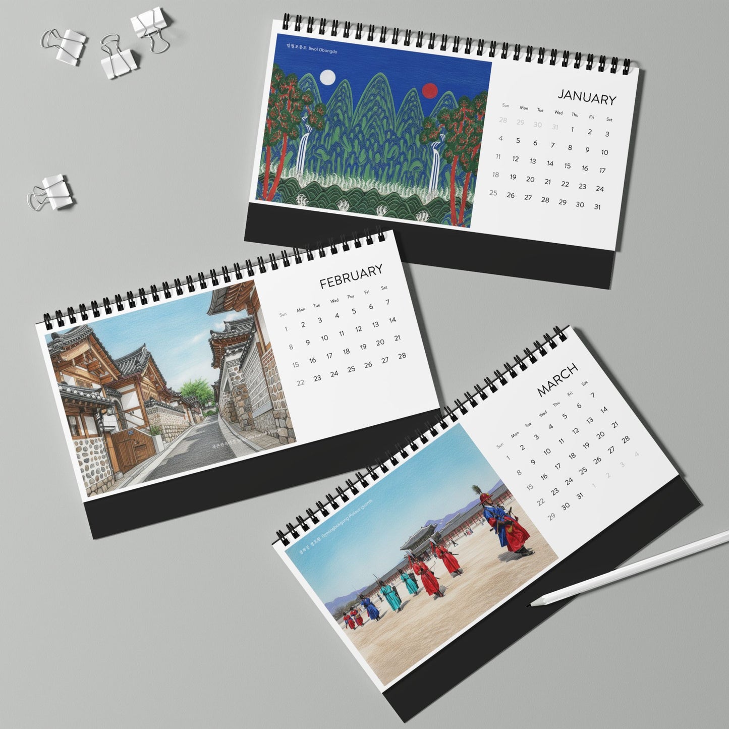 2026 Korean Landmark Desktop Calendar — Grid Layout Monthly Planner |2026 Korean Watercolor Desk Calendar | Seoul Scenery Art | K-Pop Demon Hunters Locations |