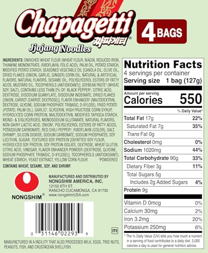 Nongshim Ramen Noodles, Gourmet Instant Ramen, Premium Microwavable Noodle, Chapagetti, 4.5 Ounce (Pack of 4)