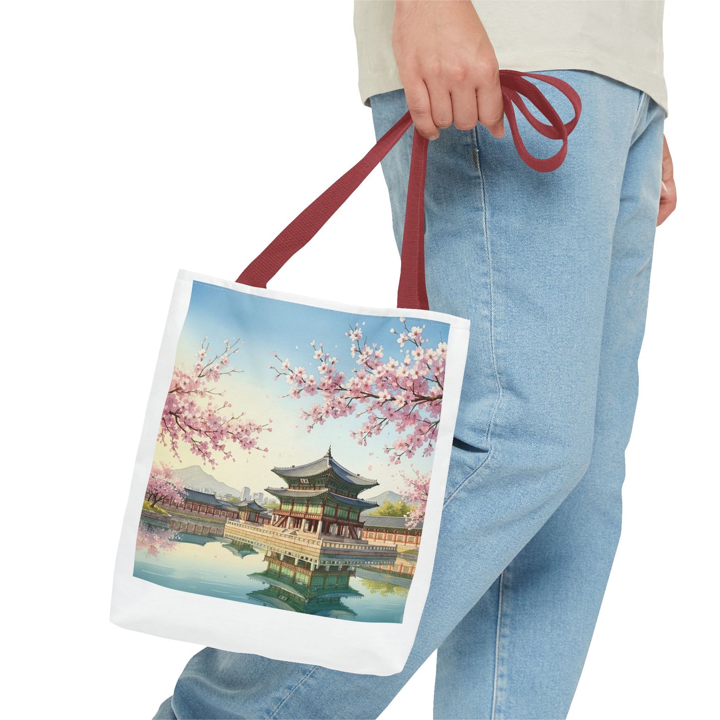 Seoul Spring Day Tote Bag | Cherry Blossom Palace Aesthetic | K-Drama Inspired Daily Shopper 2-Way Design (Color & Sketch