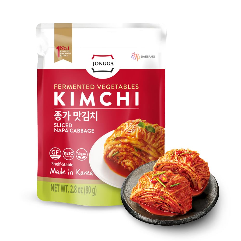 Spicy Premium Fermented Kimchi Napa Cabbage [ FUN SIZE Pouch Pack of 8] - [Original] – (Gluten Free / KETO / Vegan) | 0 Fat/ 0 Sugar/ 0 Cholesterol | Long Shelf Life | Perfect for Ramen & Stir-Fries - JONGGA