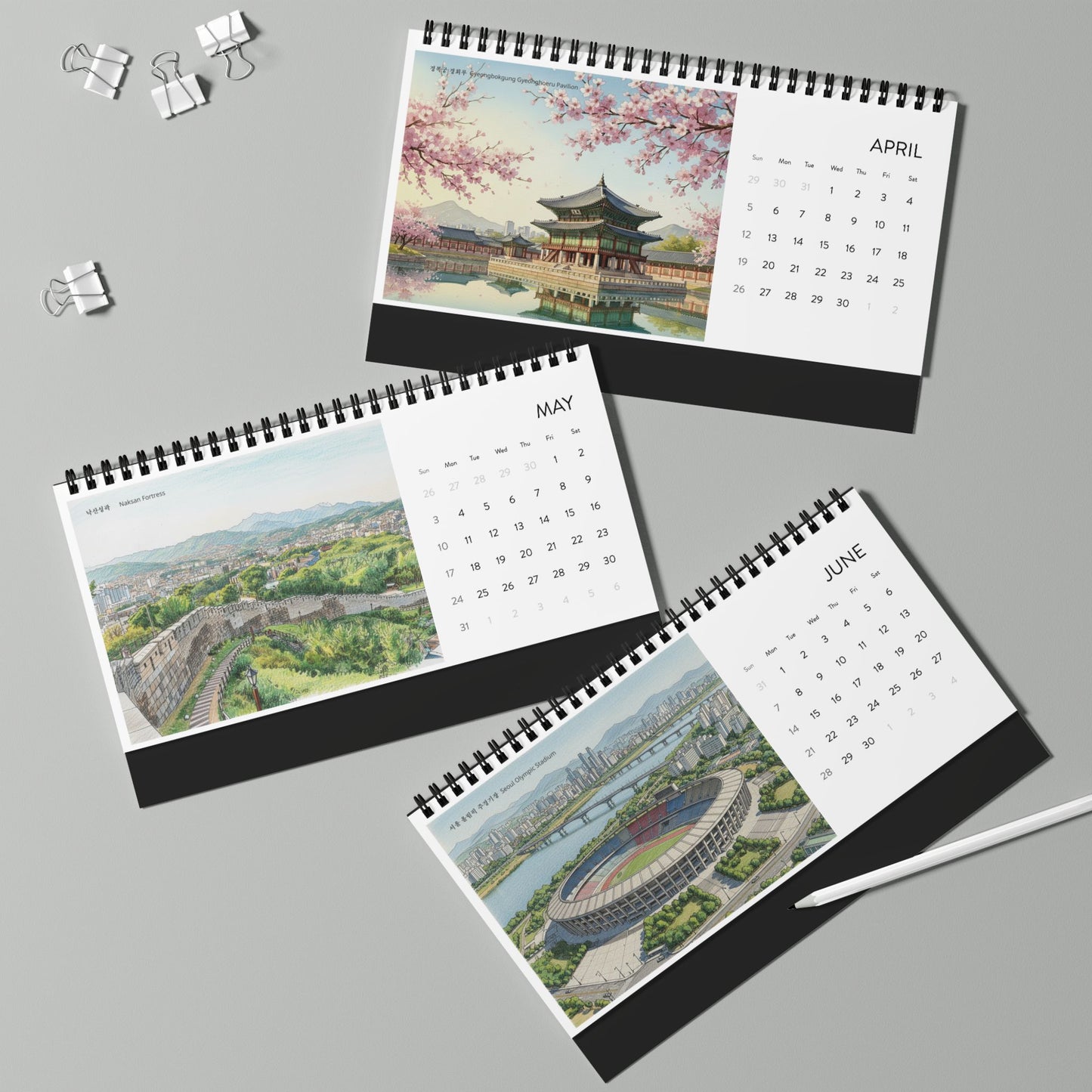 2026 Korean Landmark Desktop Calendar — Grid Layout Monthly Planner |2026 Korean Watercolor Desk Calendar | Seoul Scenery Art | K-Pop Demon Hunters Locations |