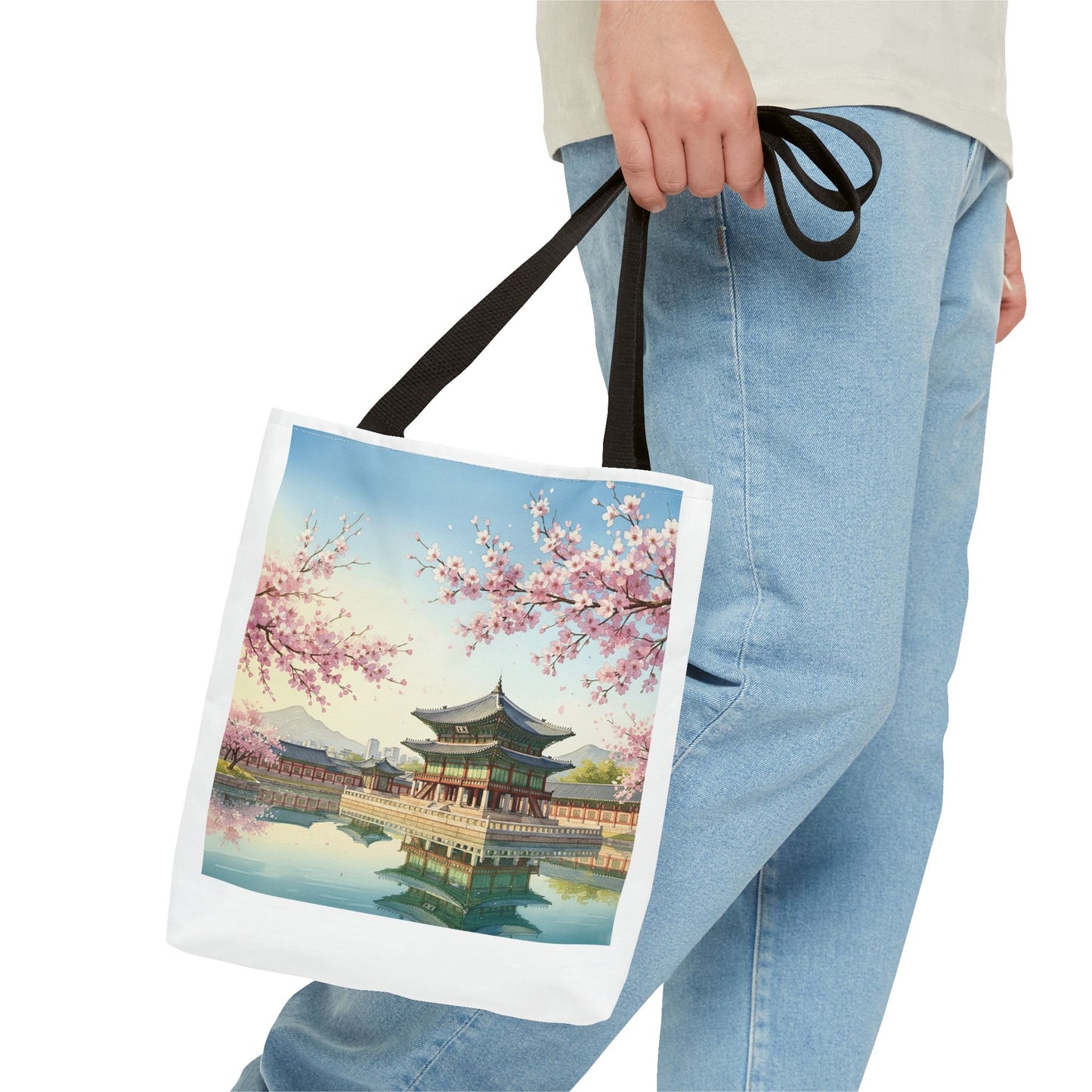 Seoul Spring Day Tote Bag | Cherry Blossom Palace Aesthetic | K-Drama Inspired Daily Shopper 2-Way Design (Color & Sketch