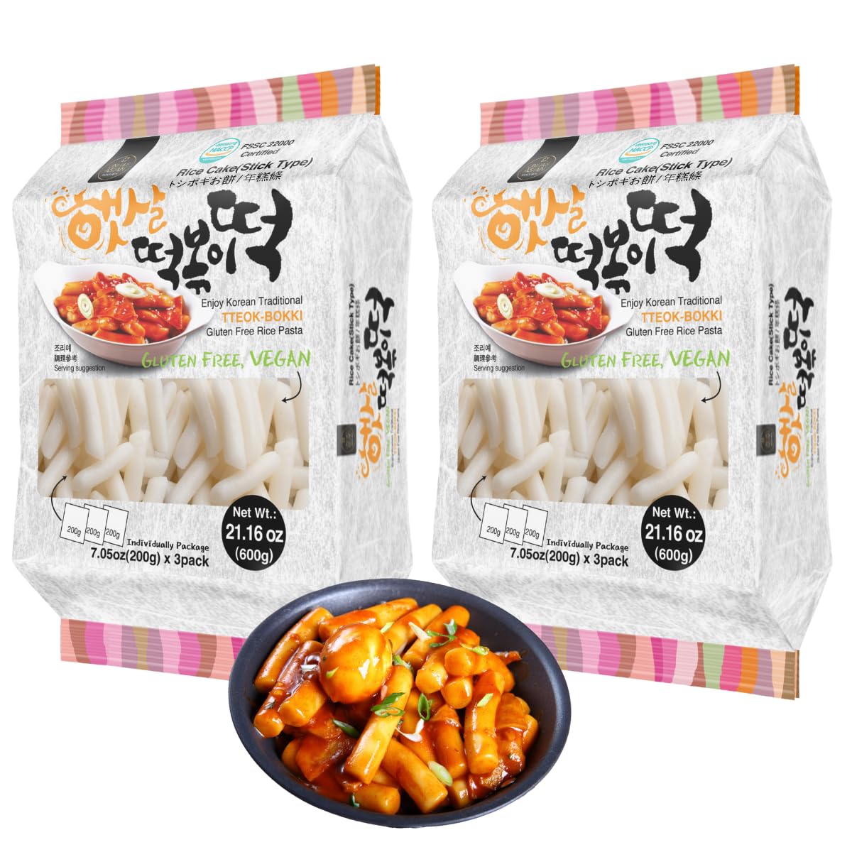 Korean Rice Cake Tteokbokki Stick – 2 Pack (3 Individual Package X 2 Pack) Vegan, Non-GMO, Gluten Free, Tteok Rice Cakes Food Pasta 21.16 oz Per Pack