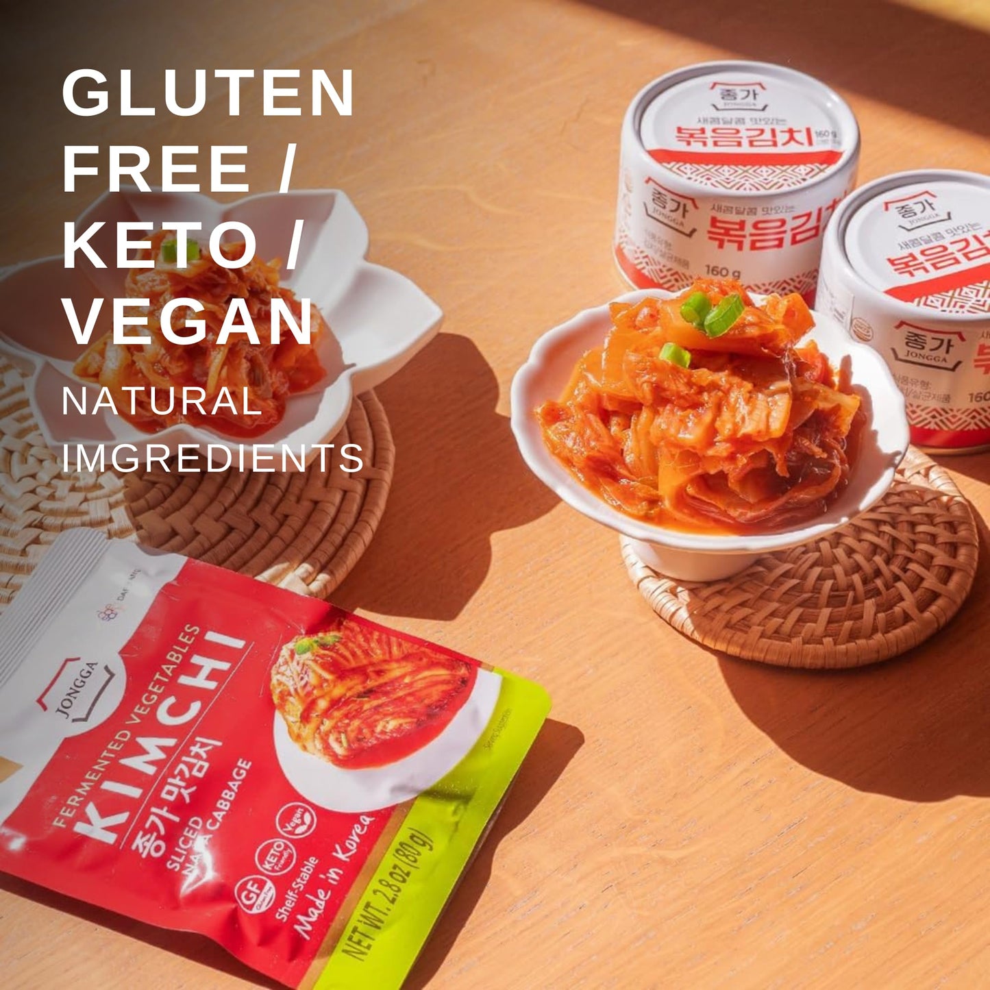 Spicy Premium Fermented Kimchi Napa Cabbage [ FUN SIZE Pouch Pack of 8] - [Original] – (Gluten Free / KETO / Vegan) | 0 Fat/ 0 Sugar/ 0 Cholesterol | Long Shelf Life | Perfect for Ramen & Stir-Fries - JONGGA