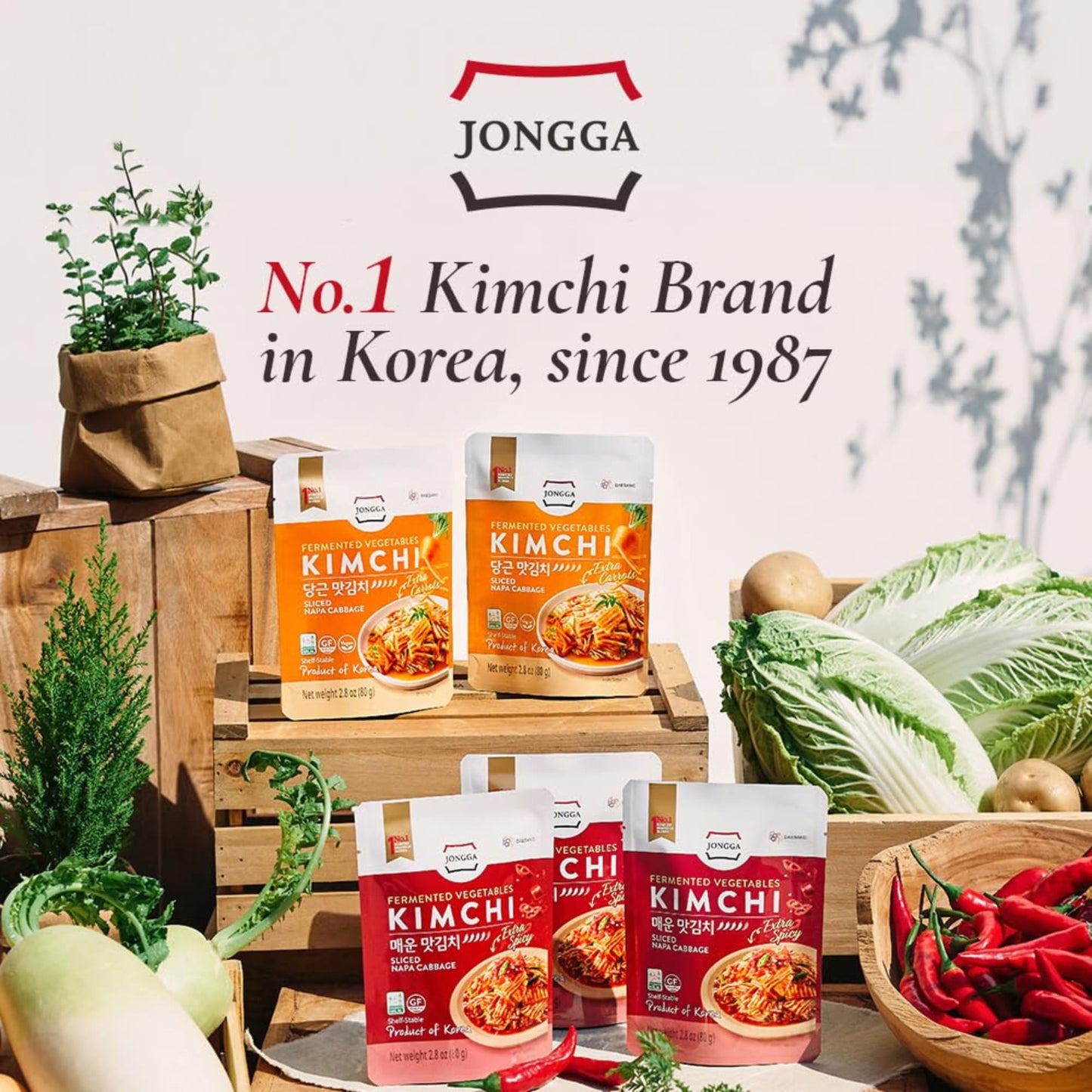 Spicy Premium Fermented Kimchi Napa Cabbage [ FUN SIZE Pouch Pack of 8] - [Original] – (Gluten Free / KETO / Vegan) | 0 Fat/ 0 Sugar/ 0 Cholesterol | Long Shelf Life | Perfect for Ramen & Stir-Fries - JONGGA
